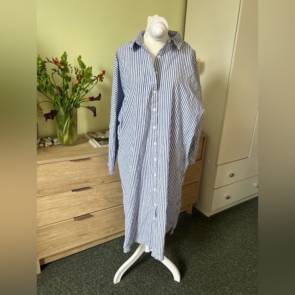 Blue & White Stripe Button Down Drop Shoulder Gauzy Airy Flowy Beach Midi Dress - Picture 3 of 15